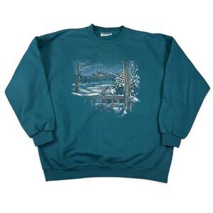 Northern Reflections Sweatshirt Men’s L Teal Cotton Winter Scene Cozy Vintage